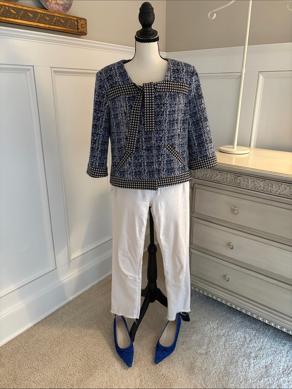CAbi Navy Tweed Cropped Jacket with Houndstooth Trim